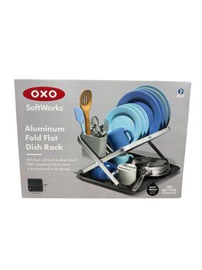 OXO SoftWorks Aluminum Fold Flat Dish Rack With Drain Board - Rust-Proof Space-S